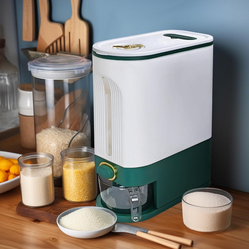 LUOKER Rice Dispenser,25 Lbs Rice Storage with Measuring Cup,White&Green Rice Container with One-Touch,Cereal Dispenser Storage with Lids for Rice, Corn,Soybean & Oatmeal,Airtight, Moisture Proof - Image 5