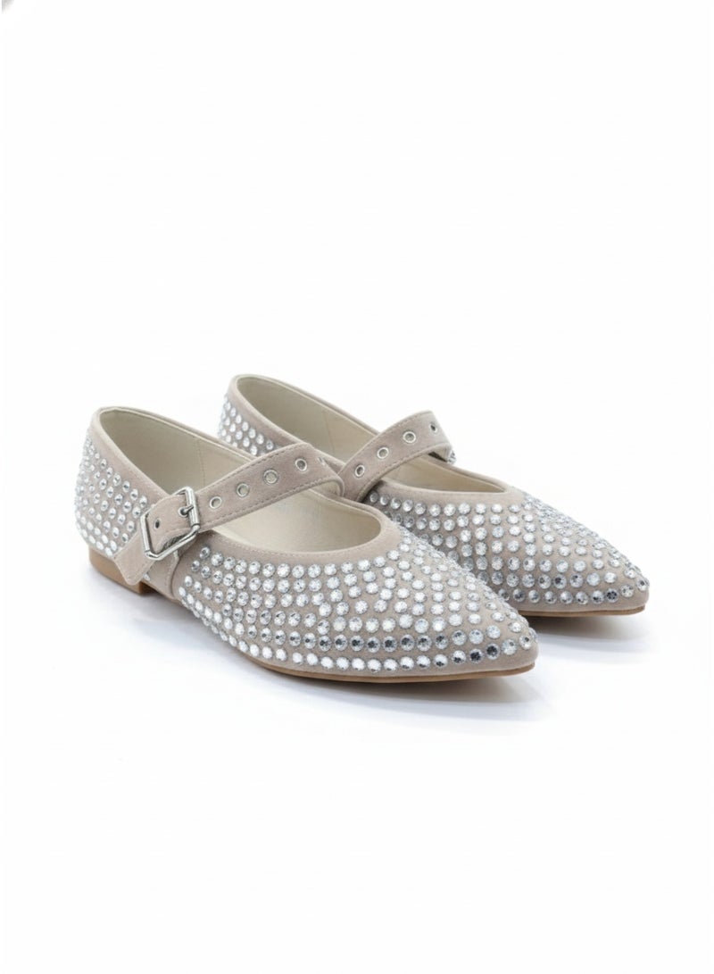 Women's flat shoes adorned with sparkling rhinestones, featuring an elegant design and an adjustable strap. - Image 2