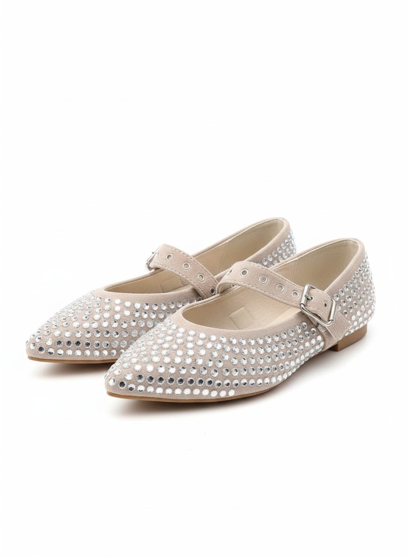 Women's flat shoes adorned with sparkling rhinestones, featuring an elegant design and an adjustable strap. - Image 3