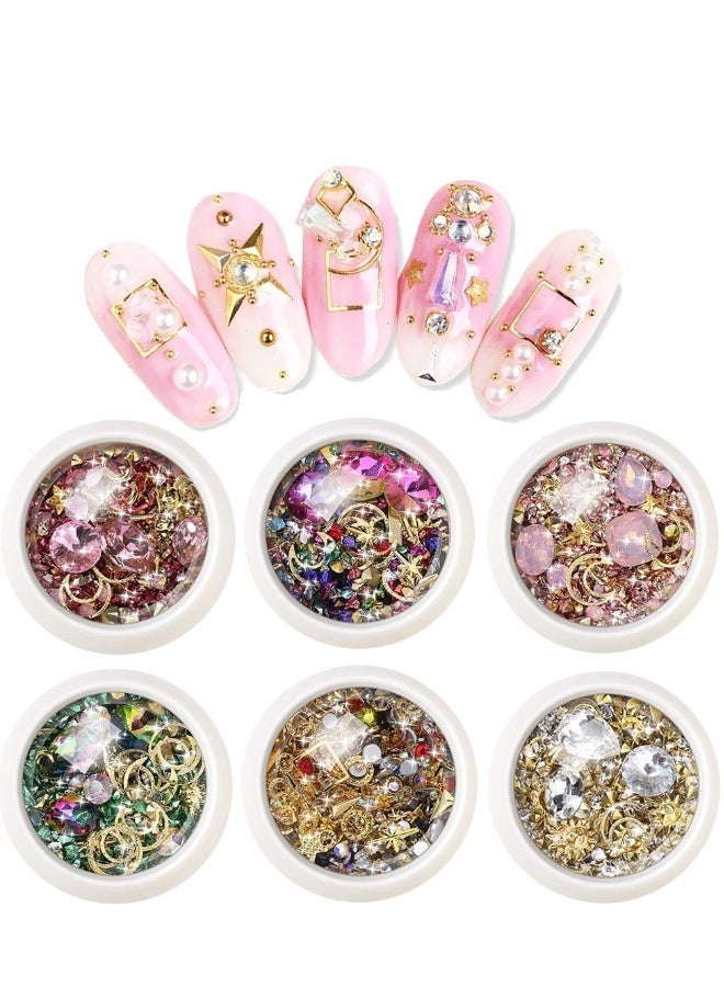 6 Boxes Mixed Nail Art Rhinestones Diamonds Crystals Beads Gems for 3D Nails Art Decoration Nail Art Supplies - Image 1