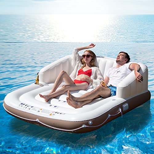 Tangkula Inflatable Pool Float Giant Pool Lounger Floats 2 Adult Size with UPF50 Retractable Sunshade Ergonomic Backrest Armrest 2 Cup Holders Heavy Duty Adult Sunbathing Pool Lounge Raft - Image 1