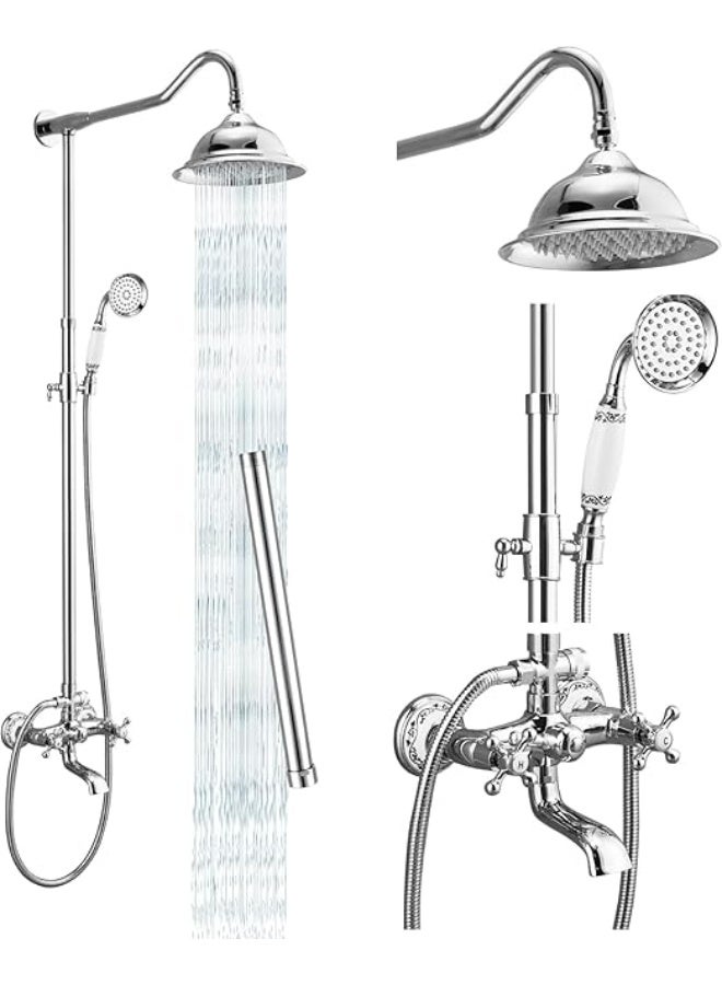 طقم دش فاخر من YD بتصميم مطري، نظام دش مثبت على الحائط للحمام مع خلاط دش يدوي وصنبور تحكم مزدوج، طقم دش حمام بتصميم كلاسيكي