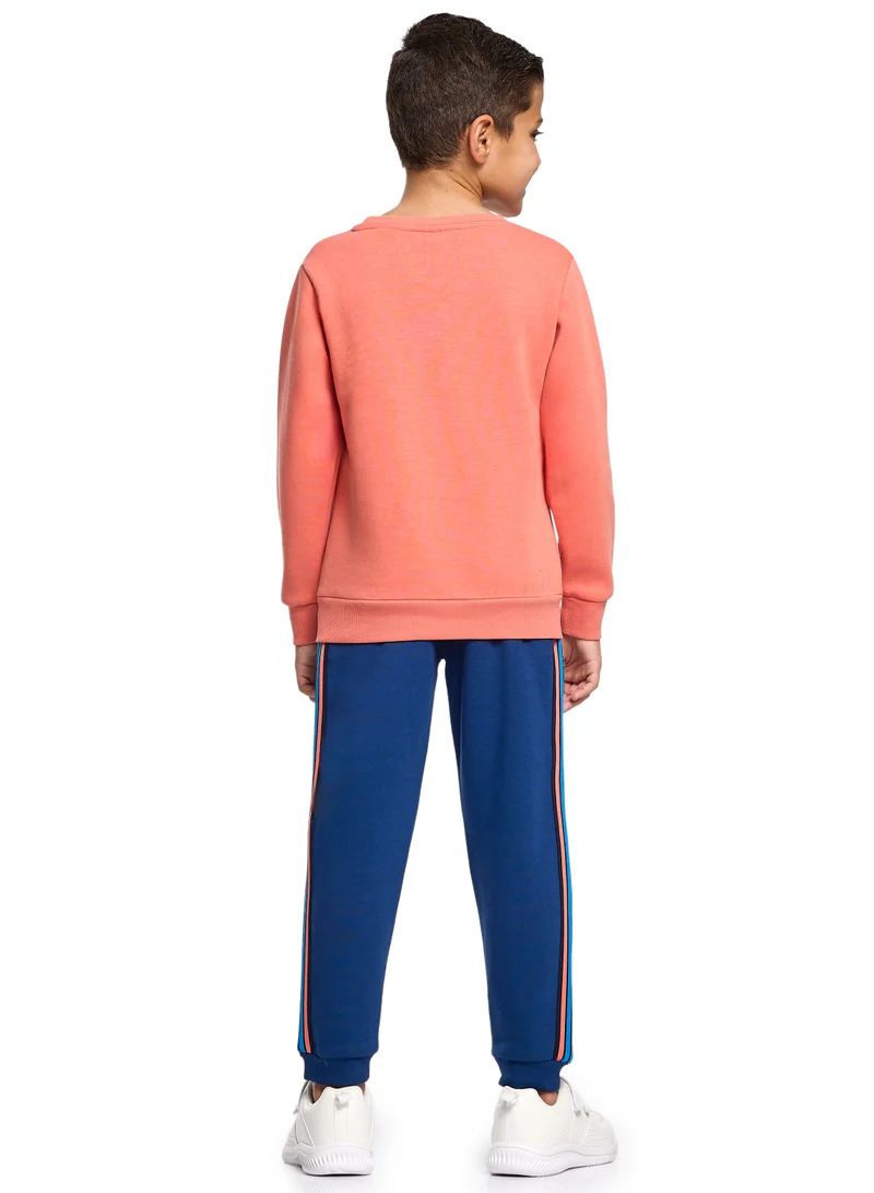 victor and jane Boys’ Warm Fleece Sweatshirt &amp; Jogger Set – “Adventure” Graphic | Coral &amp; Navy