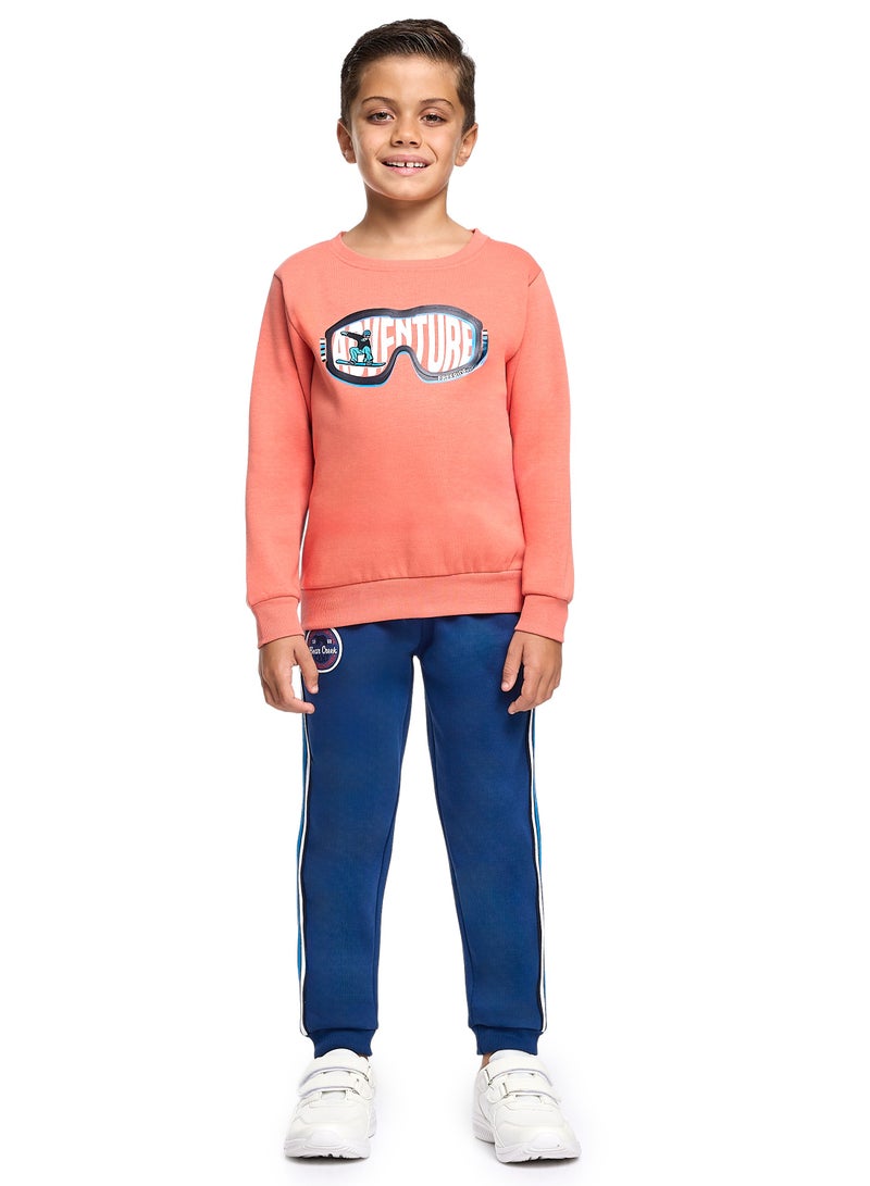 victor and jane Boys’ Warm Fleece Sweatshirt & Jogger Set – “Adventure” Graphic | Coral & Navy - Image 5