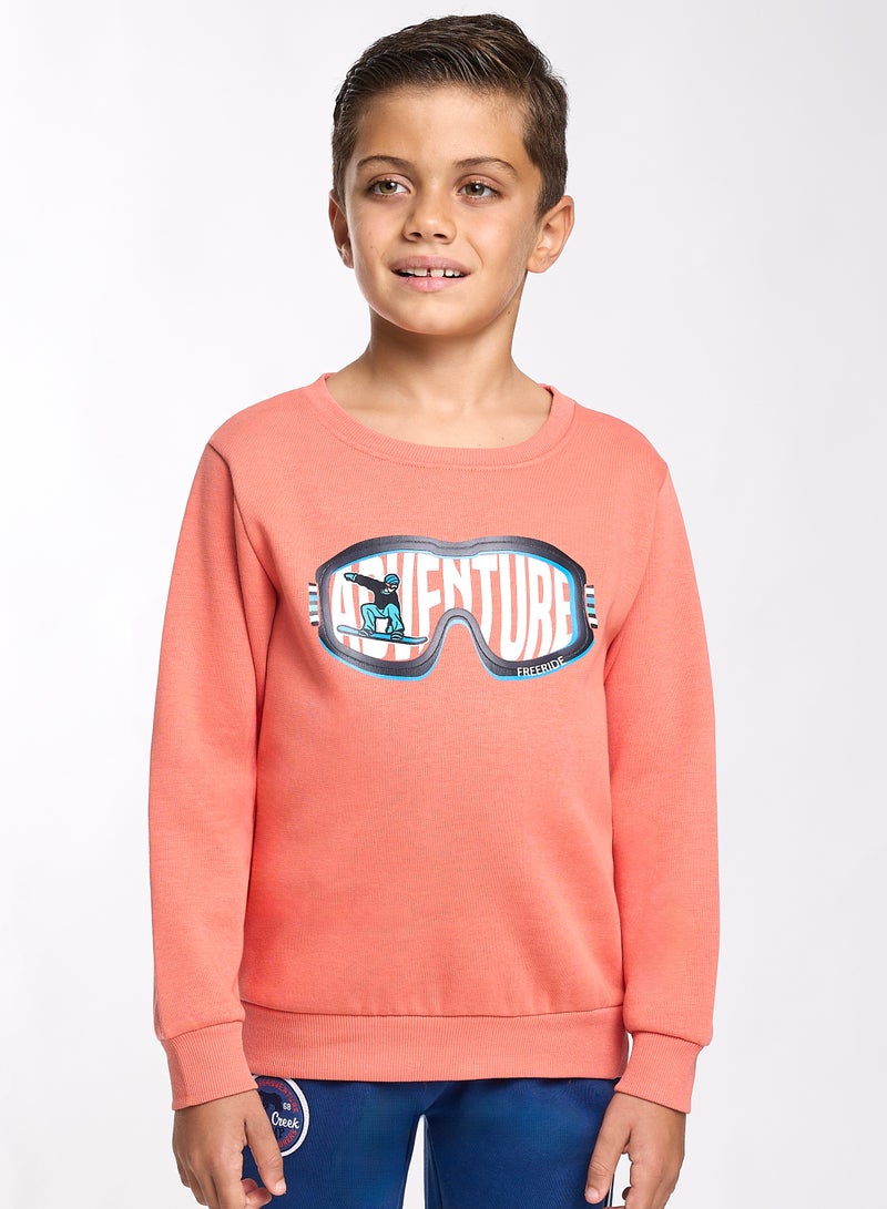 victor and jane Boys’ Warm Fleece Sweatshirt & Jogger Set – “Adventure” Graphic | Coral & Navy - Image 3