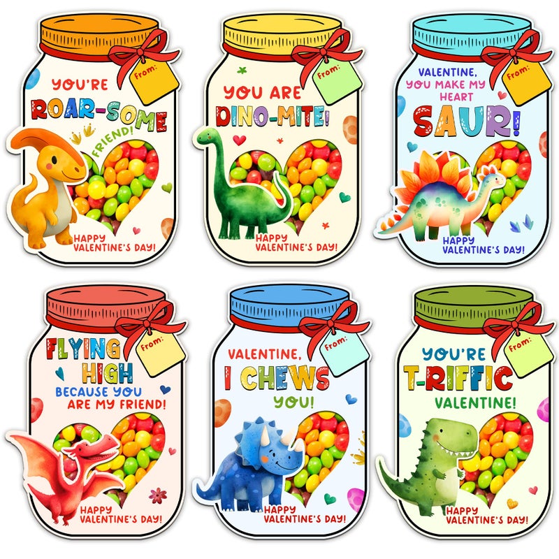 MAPDTWO 36 Packs Dinosaur Valentines Day Cards for Kids - Dinosaur Kids Valentines Day Cards for School Classroom Party Favors - Dino 3.7''x 5.3'' Mason Jar Card Exchange (Candy Not Included) - Image 1