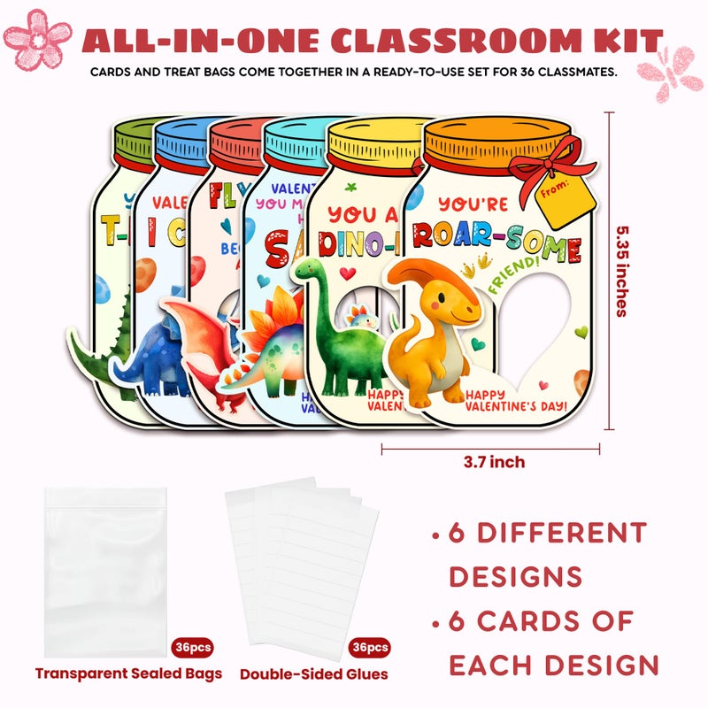 MAPDTWO 36 Packs Dinosaur Valentines Day Cards for Kids - Dinosaur Kids Valentines Day Cards for School Classroom Party Favors - Dino 3.7''x 5.3'' Mason Jar Card Exchange (Candy Not Included) - Image 2