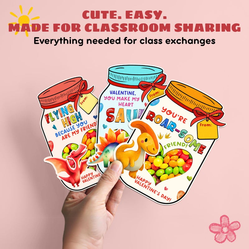MAPDTWO 36 Packs Dinosaur Valentines Day Cards for Kids - Dinosaur Kids Valentines Day Cards for School Classroom Party Favors - Dino 3.7''x 5.3'' Mason Jar Card Exchange (Candy Not Included) - Image 4