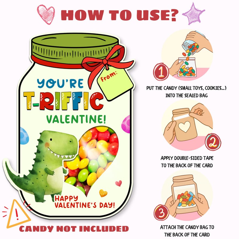 MAPDTWO 36 Packs Dinosaur Valentines Day Cards for Kids - Dinosaur Kids Valentines Day Cards for School Classroom Party Favors - Dino 3.7''x 5.3'' Mason Jar Card Exchange (Candy Not Included) - Image 3
