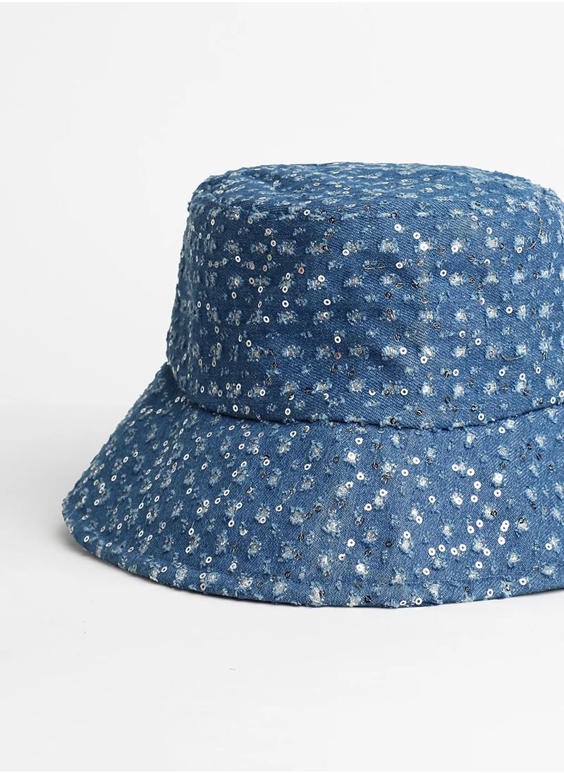 Haute Sauce Sequin Denim Bucket Hat - Star Command Blue