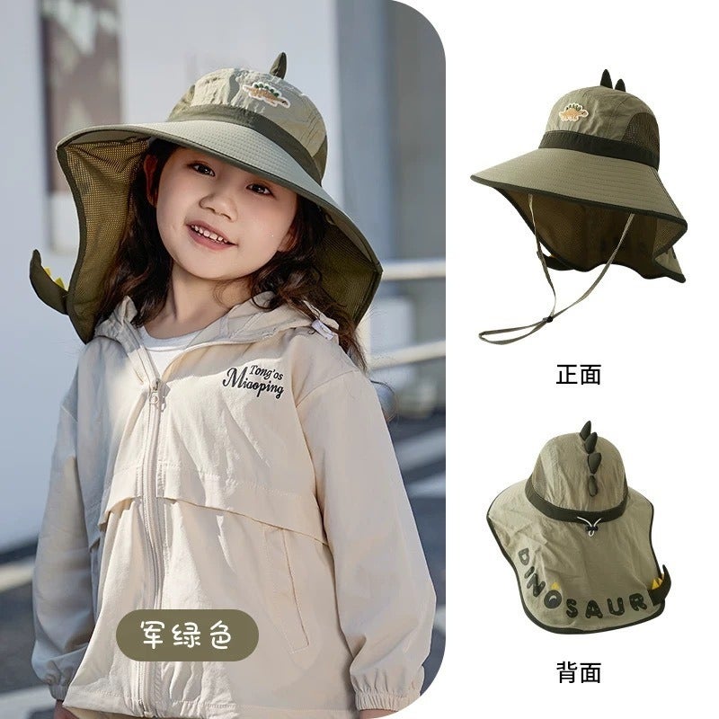 Kids' Sun Protection Hat with Dinosaur Design - Breathable Summer Beach Cap for Boys and Girls