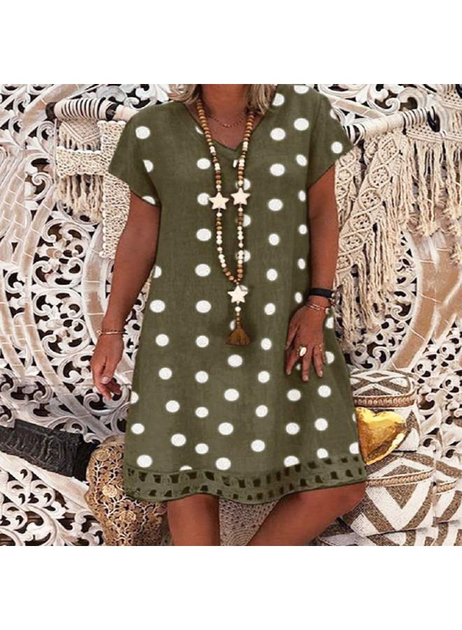 Spring And Summer New European And American Women's Dress Fashion Pollae Short Sleeve V-neck Printed Skirt