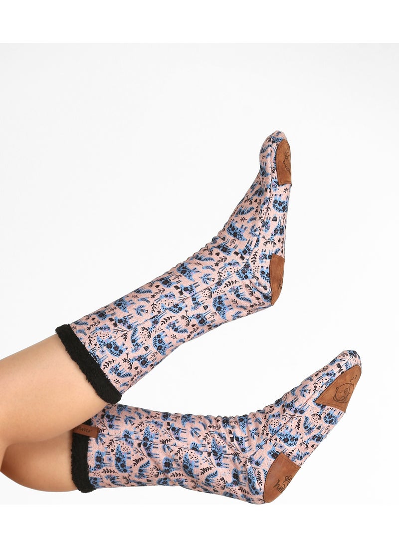 Hamur Dough Women's Colorful Patterned Winter Socks Anti-Slip Booties CRP-043 Scandinavian Black Wellsoft  - Image 1