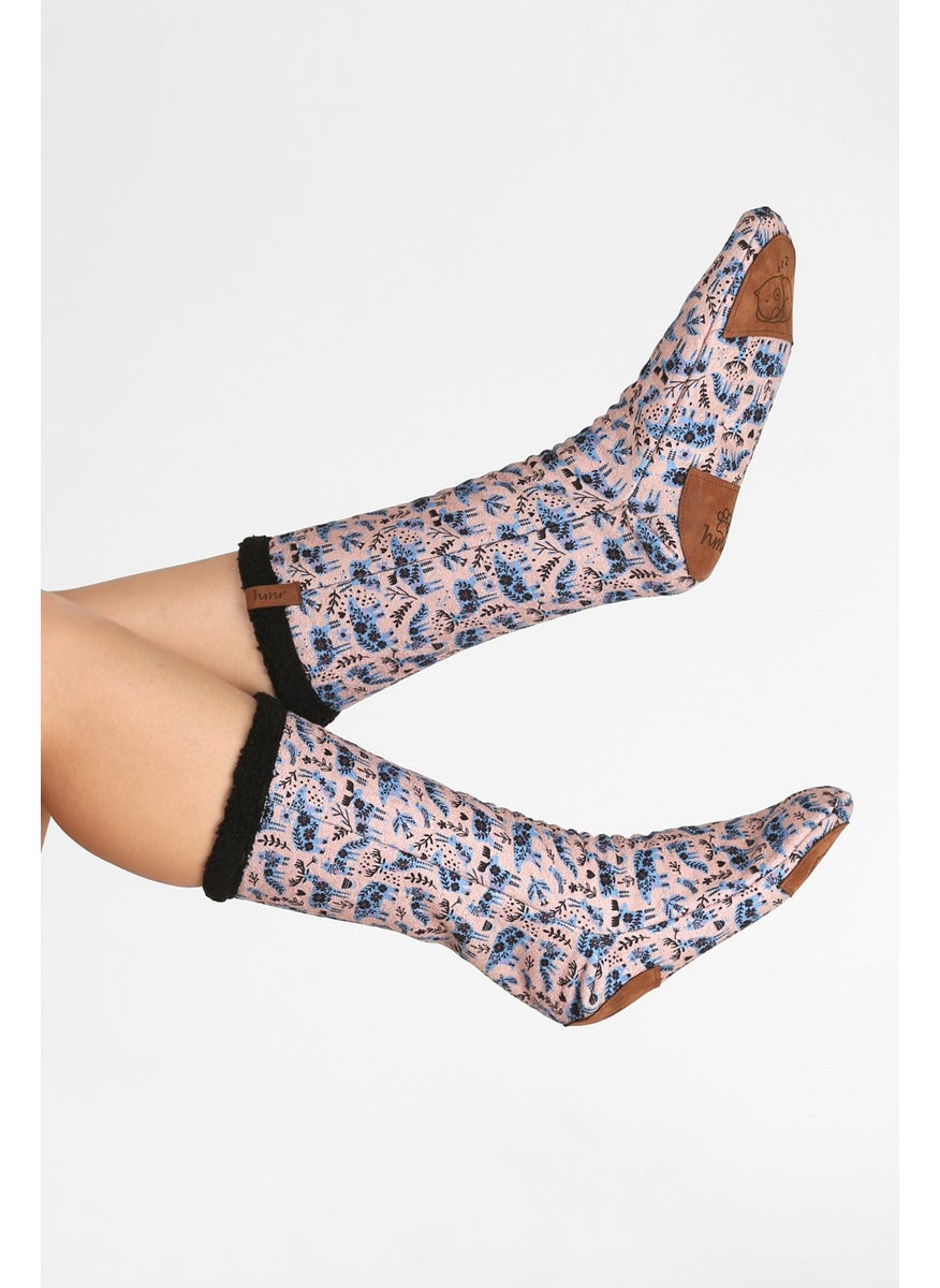 Hamur Dough Women's Colorful Patterned Winter Socks Anti-Slip Booties CRP-043 Scandinavian Black Wellsoft  - Image 3