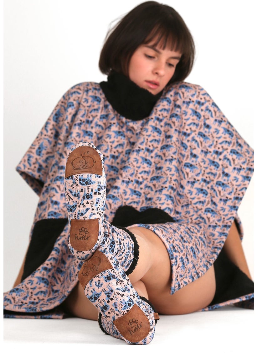 Hamur Dough Women's Colorful Patterned Winter Socks Anti-Slip Booties CRP-043 Scandinavian Black Wellsoft  - Image 2