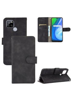 HuHa Case Cover For Realme V3 Solid Color Skin Feel Magnetic Buckle Horizontal Flip Calf Texture PU Leather Case with Holder & Card Slots & Wallet Black 