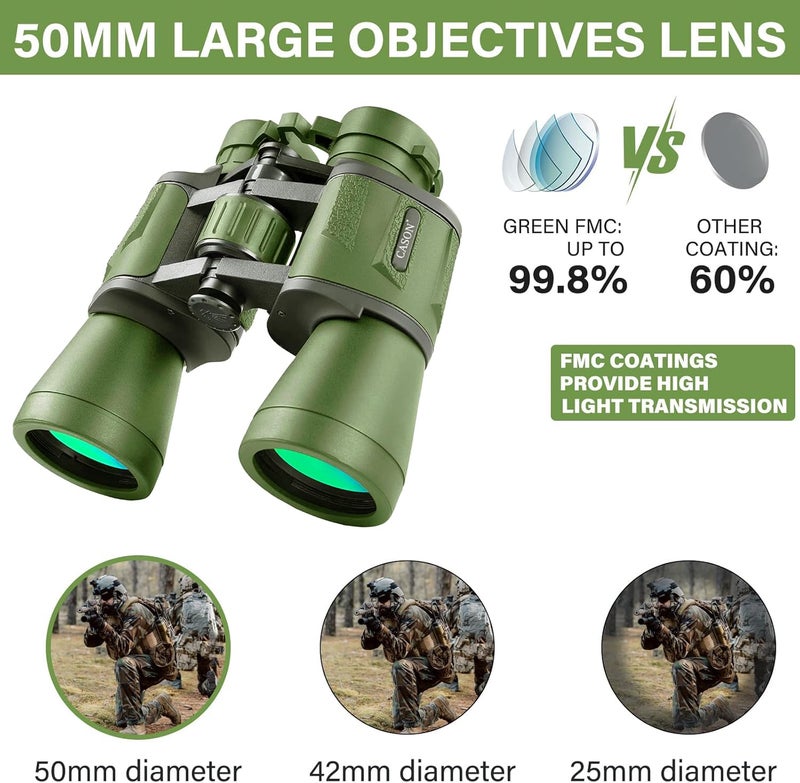 C DEVICE كاسون - منظار لمسافات طويلة 10 × 50 للبالغين | عدسة عينية واسعة | طلاء أخضر FMC | زجاج BAK 4 | منظار لمشاهدة الطيور والحياة البرية والسفاري (أخضر) - Image 5