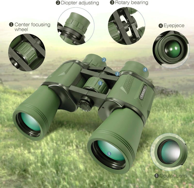 C DEVICE كاسون - منظار لمسافات طويلة 10 × 50 للبالغين | عدسة عينية واسعة | طلاء أخضر FMC | زجاج BAK 4 | منظار لمشاهدة الطيور والحياة البرية والسفاري (أخضر) - Image 4
