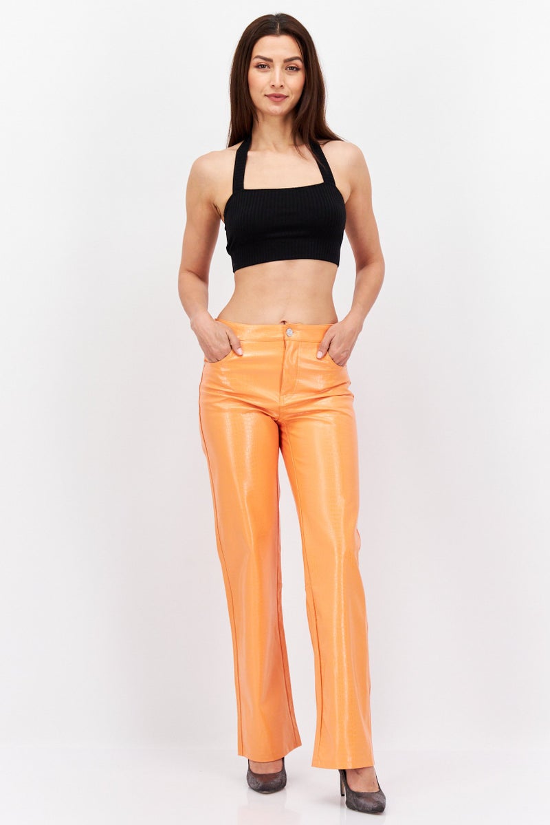 Bershka Women Wide Leg Plain Pants, Orange - Image 4