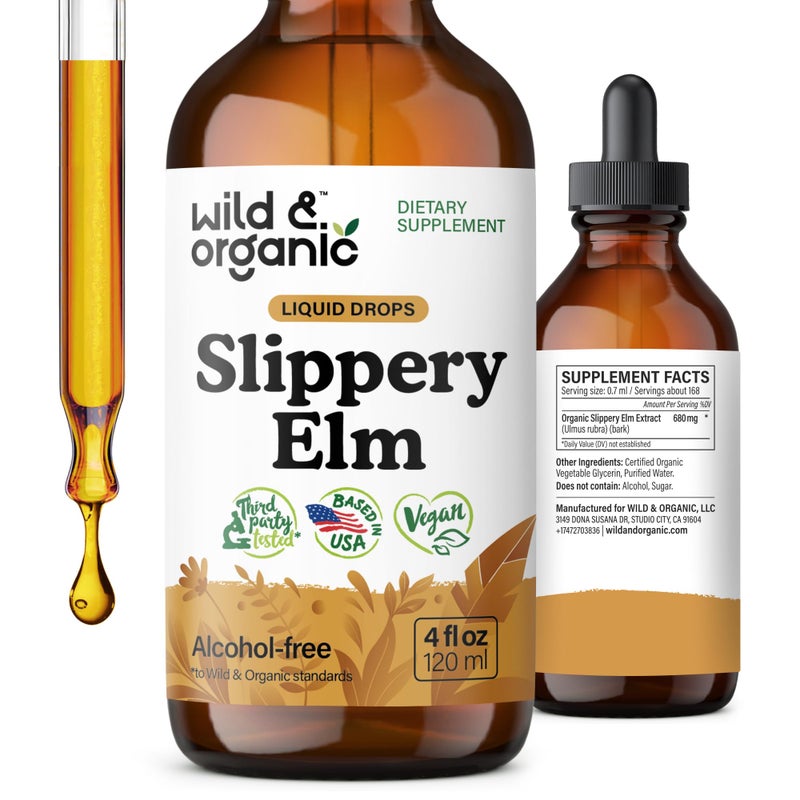Wild Organic Slippery Elm Liquid Drops Lung Digestive Womens Support Slippery Elm Bark Extract Tincture Ulmus Rubra Supplement Vegan Sugar AlcoholFree 4 fl oz