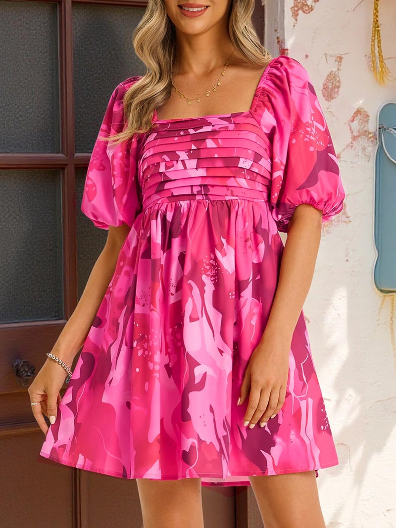 Wenrine Womens Summer Square Neck Mini Dresses Casual Floral Puff Short Sleeve Smocked High Waisted A-Line Babydoll Dress Rose Red - Image 4