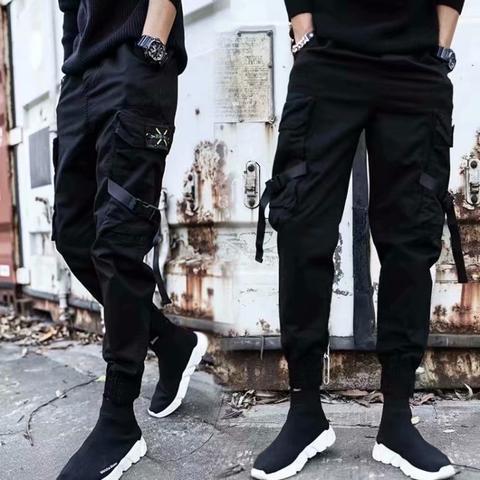 Outdoor Tooling Pants Mens Summer plus size Cropped Sports Mens Pants Korean-style Loose Leg Casual Long Pants Military Pants Pouch Black 