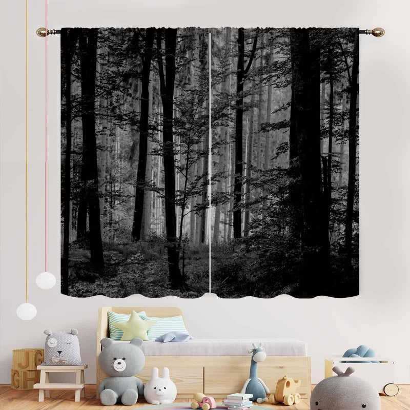 TKUYO Forest Curtains, Gothic Natural Scenery Fantasy Dark Black Misty Foggy Mysterious Forest Woodland Tree Art Printed Window Drapery Treatments for Bedroom Living Room Home Halloween Decor,42"x45" Inch - Image 3
