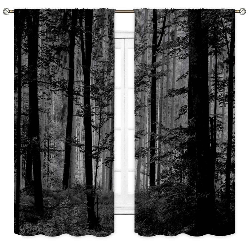 TKUYO Forest Curtains, Gothic Natural Scenery Fantasy Dark Black Misty Foggy Mysterious Forest Woodland Tree Art Printed Window Drapery Treatments for Bedroom Living Room Home Halloween Decor,42"x45" Inch - Image 2
