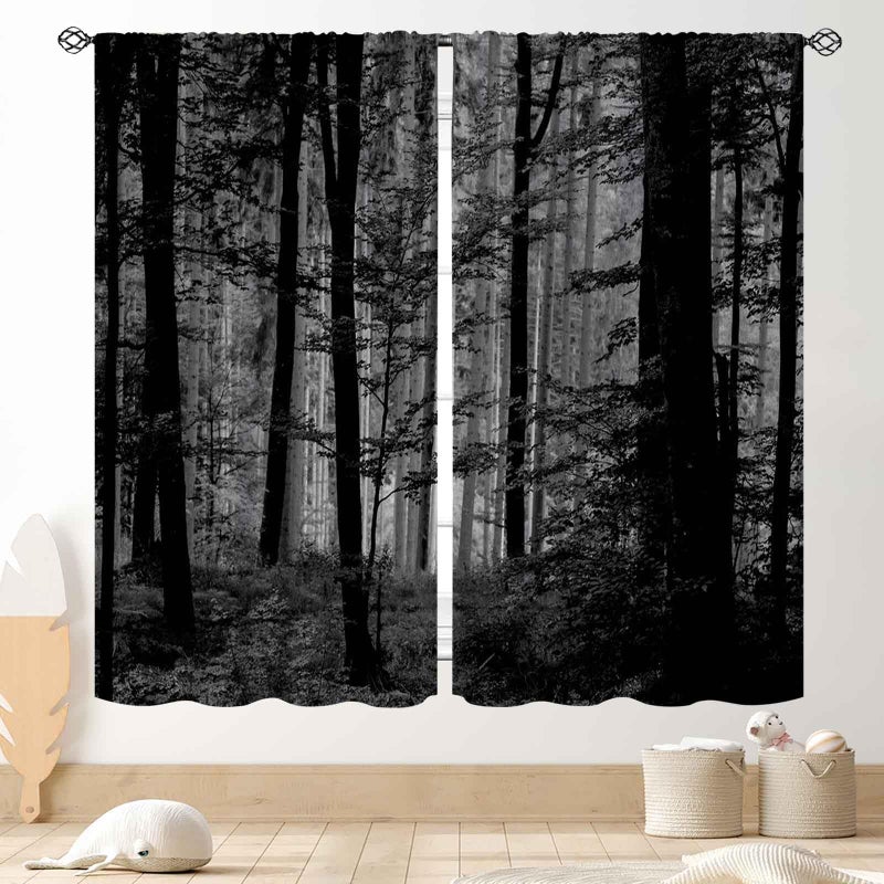 TKUYO Forest Curtains, Gothic Natural Scenery Fantasy Dark Black Misty Foggy Mysterious Forest Woodland Tree Art Printed Window Drapery Treatments for Bedroom Living Room Home Halloween Decor,42"x45" Inch - Image 1
