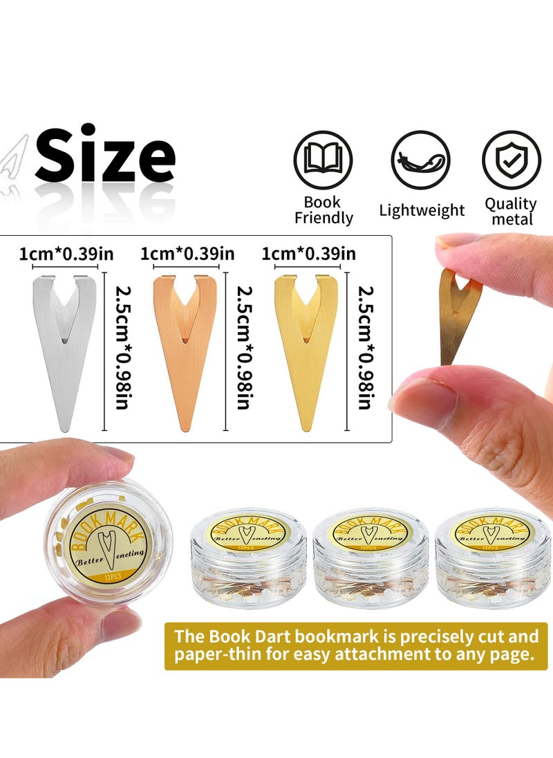 SYOSI - Book Markers, 3 Boxes Metal Bookmarkers, Book Darts Tin Stainless Page Markers for Students Best Gift for All Types of Readers, 12 Per Box Mixed Color - Image 1