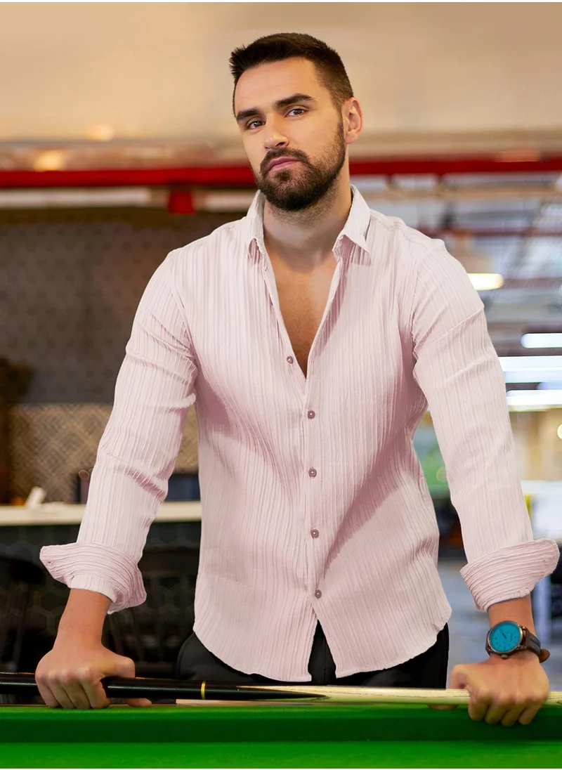 Campus Sutra Men's Blush Pink Self-Design Striped Shirt