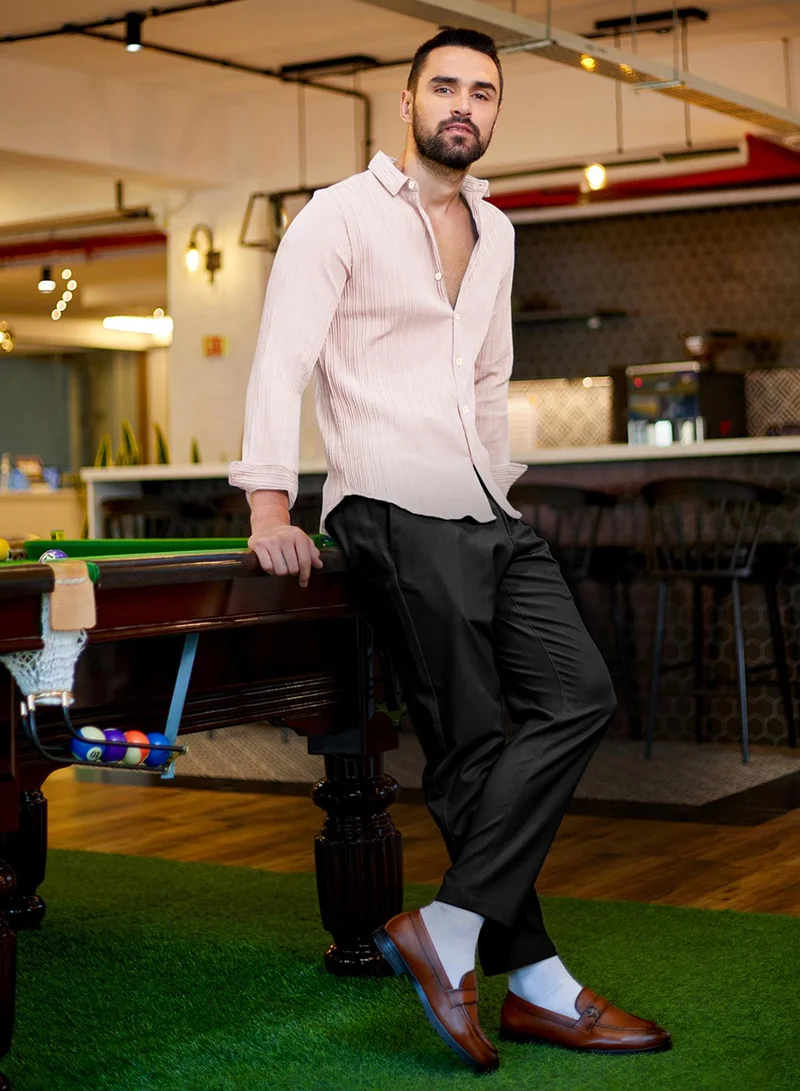 كامبوس سوترا Men's Blush Pink Self-Design Striped Shirt