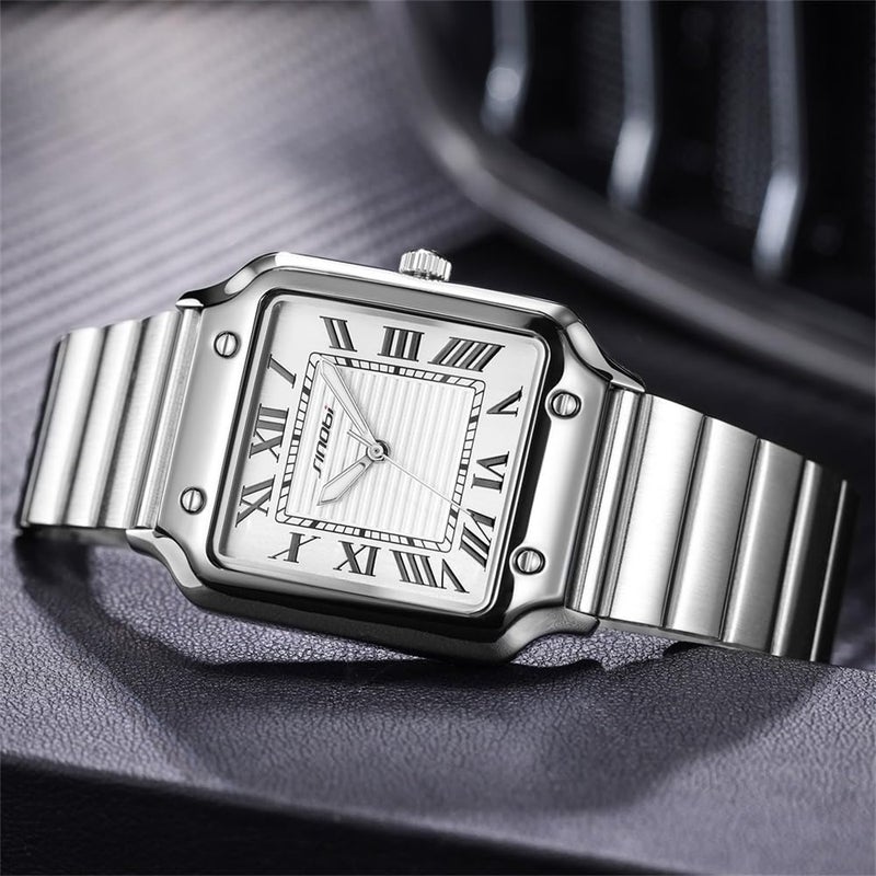 SINOBI Classic Square Watches for Men with Roman Numerals Casual Watch (Silver) - Image 4