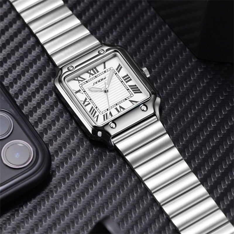 SINOBI Classic Square Watches for Men with Roman Numerals Casual Watch (Silver) - Image 5