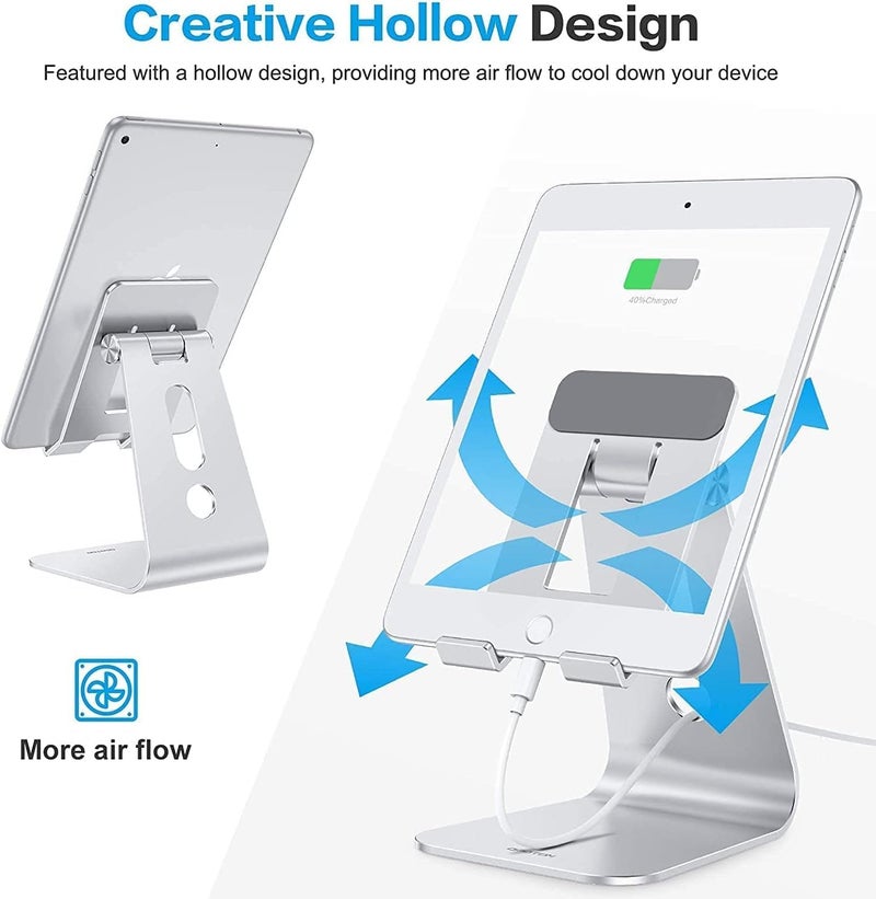 Omoton Adjustable Tablet Stand for Desk, Upgraded Longer Arms for Greater Stability, T2 Tablet Holder with Hollow Design for Bigger Sized Phones and Tablets Such as iPad Pro/Air/Mini, Silver - Image 3