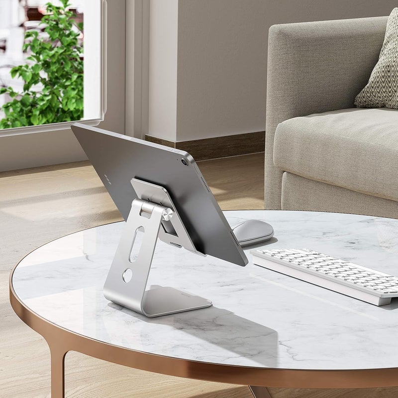 Omoton Adjustable Tablet Stand for Desk, Upgraded Longer Arms for Greater Stability, T2 Tablet Holder with Hollow Design for Bigger Sized Phones and Tablets Such as iPad Pro/Air/Mini, Silver - Image 2
