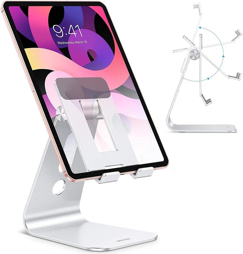 Omoton Adjustable Tablet Stand for Desk, Upgraded Longer Arms for Greater Stability, T2 Tablet Holder with Hollow Design for Bigger Sized Phones and Tablets Such as iPad Pro/Air/Mini, Silver - Image 1