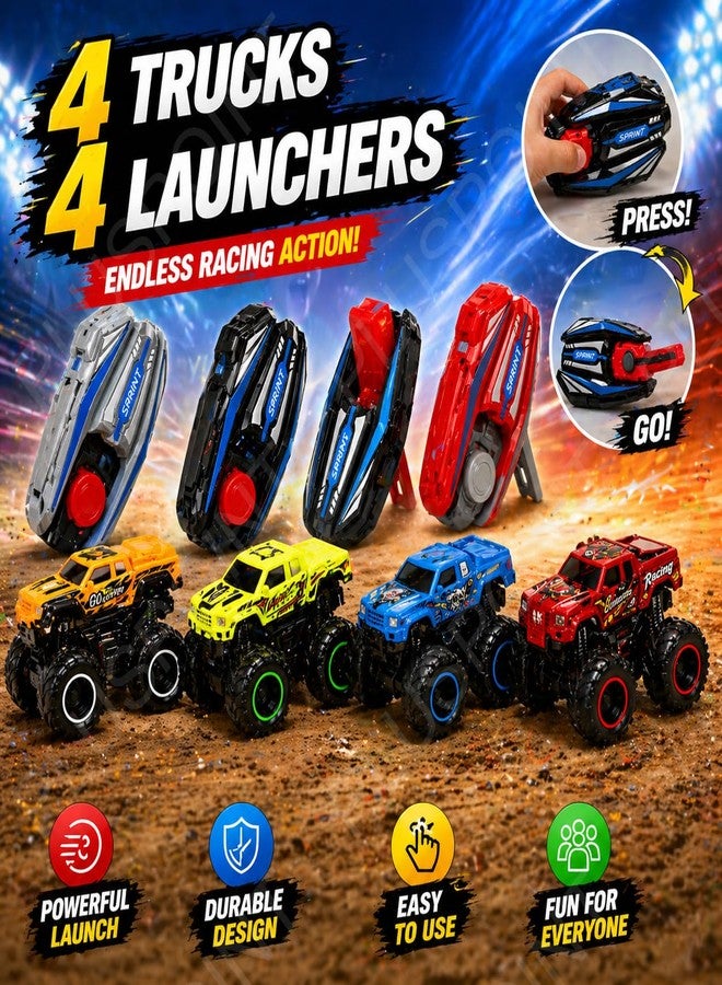 بلس بوينت مجموعة ألعاب شاحنات الوحش من بلس بوينت للأطفال - 8 شاحنات معدنية مصبوبة كبيرة العجلات للطرق الوعرة مع 4 منصات إطلاق، سيارات بعجلات حرة للأولاد والبنات من سن 3 إلى 7 سنوات، مجموعة هدايا عيد ميلاد - Image 3