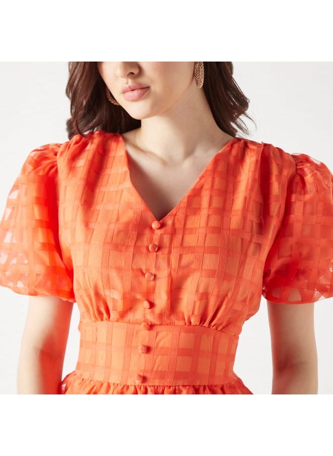 2Xtremz - 2Xtremz All-Over Checked Midi Dress with V-neck and Balloon Sleeves - Image 1