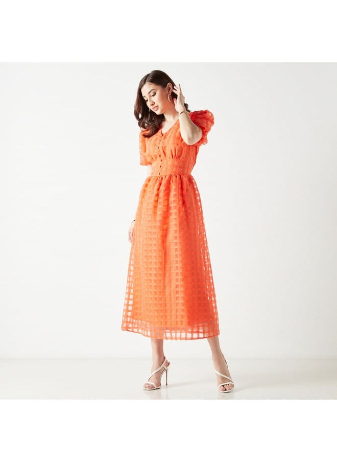 2Xtremz - 2Xtremz All-Over Checked Midi Dress with V-neck and Balloon Sleeves - Image 1