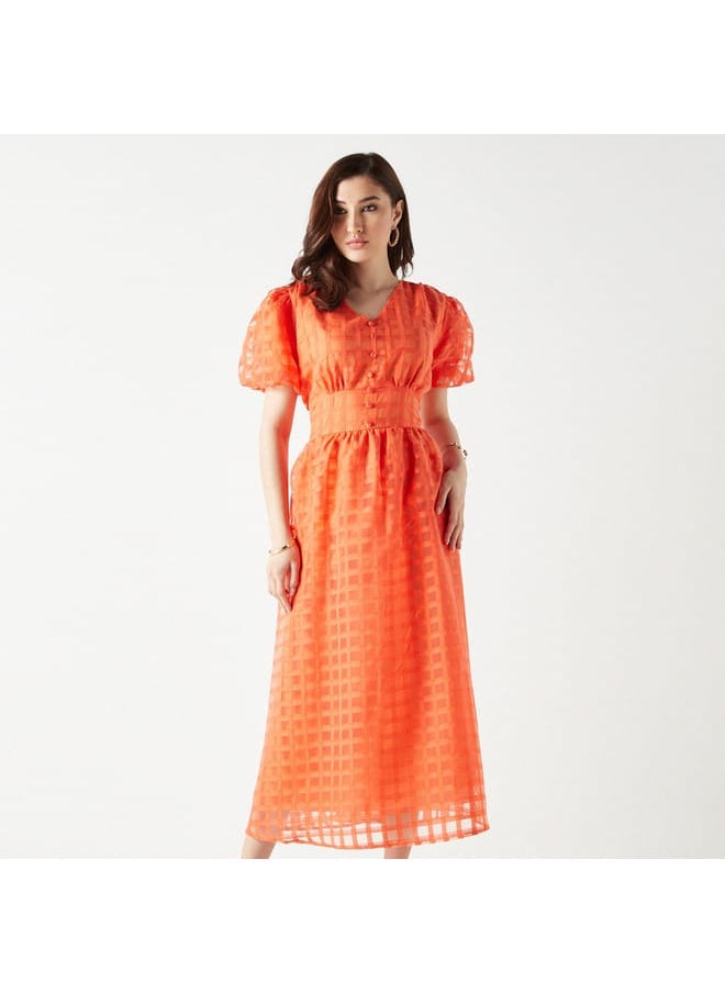 2Xtremz - 2Xtremz All-Over Checked Midi Dress with V-neck and Balloon Sleeves - Image 1
