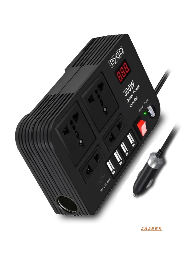 JAJEEK 300W Car Power Inverter – DC 12V to 220V AC Converter with LED Display, 4 USB Ports, 4 Charger Outlets, Pure Sine Wave – Portable Charger for Cars, Trucks, RVs - Image 1