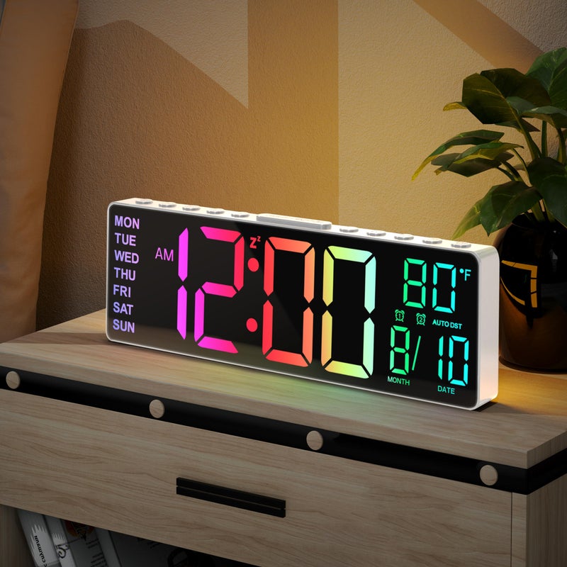 JALL 105 Digital Large Alarm Clock with 8in1 RGB Colors Date Month Temperature LED Auto DST Modern for Desk Wall Living Room Bedroom Birthday Xmas Gift him her Mom Dad Seniors Teen