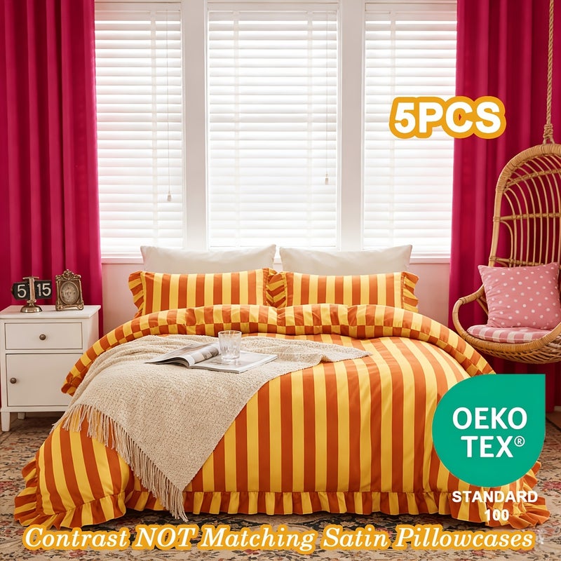 5pcs Striped Pattern Bedding, Includes 1 Duvet Cover + 4 Pillowcases (No Inserts), Ruffled Washed Fiber Duvet Cover and Pillowcases, Essential for Exquisite Home Decor, Mother's Day Birthday Gift Set - Image 1