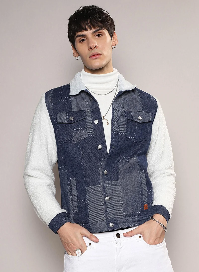Campus Sutra Men's Navy Blue:Chalk White Sherpa-Block Denim Jacket