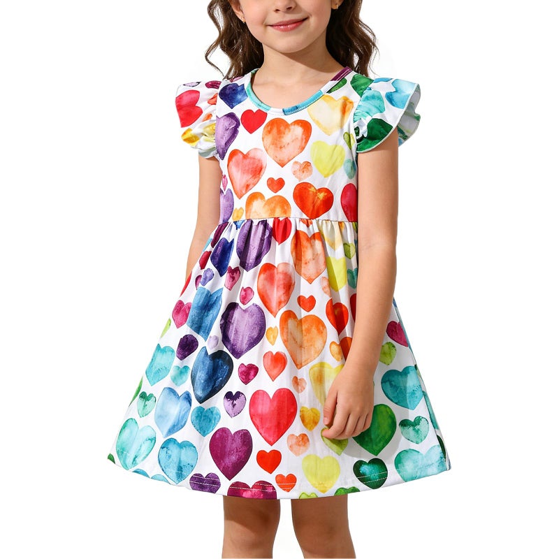 Valentines Toddler Girl Dress Love Hearts Print Ruffle Long Sleeve Casual Dress 5-6Y
