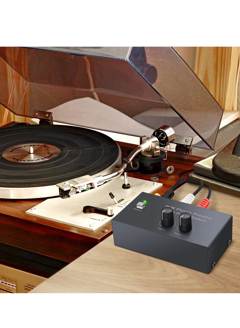 Compact Phono Preamplifier for MM Turntable, Preamp with Volume Control and Power Switch, RCA Input to RCA and 1/4'' TRS Output, Low Noise with DC 12V Certified Power Adapter - Image 3