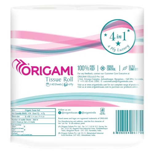 Origami 4Ply 4 in 1 Toilet Tissue Paper Roll | Ultra Soft with 100% Pure Pulp, Anti Odour Control, Absorbent with No Clog & Easy Flush Feature | Gentle on Skin (140 Pulls Per Roll, 560 Sheets) - Image 2