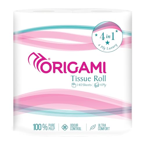 Origami 4Ply 4 in 1 Toilet Tissue Paper Roll | Ultra Soft with 100% Pure Pulp, Anti Odour Control, Absorbent with No Clog & Easy Flush Feature | Gentle on Skin (140 Pulls Per Roll, 560 Sheets) - Image 1