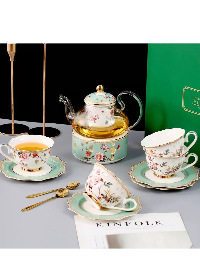 Floris Tea Set With a Teapot,a Bone China Base, 4pcs Tea Cups, And 4pcs Saucers. Perfect For Afternoon Tea, Coffee Moments, And Living Room Gatherings, European Tea Set For Women Girls Tea Parties Weddings Gifts.  - Image 1